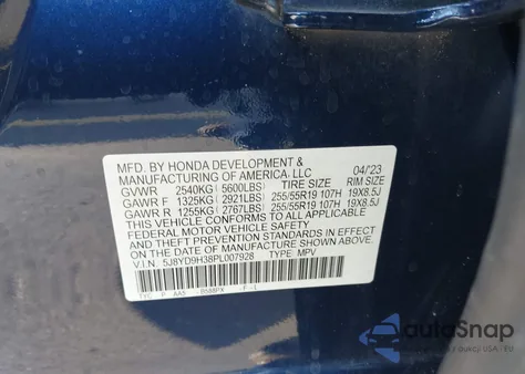 2023 Acura Mdx Standard z USA, uszkodzony, nr VIN 5J8YD9H38PL007928